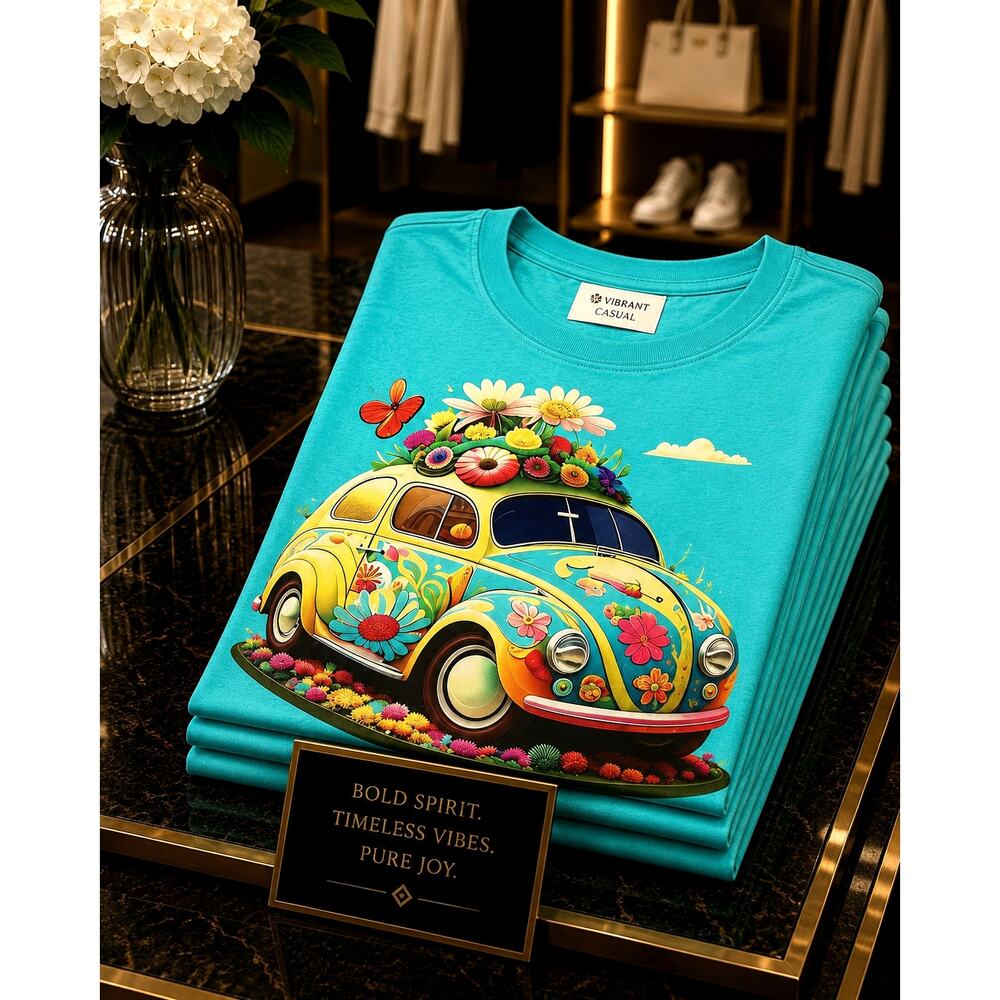 Vibrant Casual Crew Neck Short Sleeve 70s Bug & Flowers T Shirt 12
